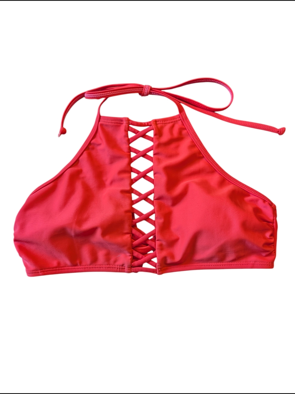 Lattice Front High Neck Bikini Top - Bright Pink